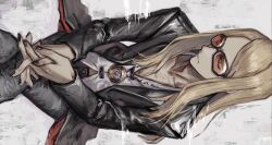  1boy black_coat black_nails brown_hair coat commentary crossed_legs fate/grand_order fate_(series) grey_background highres long_hair long_sleeves makai_(67makai) male_focus nail_polish open_clothes open_coat own_hands_together red-tinted_eyewear shirt sideways simple_background solo sunglasses tezcatlipoca_(fate) tezcatlipoca_(first_ascension)_(fate) tinted_eyewear white_shirt 