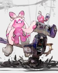  absurdres closed_mouth colored_skin evolutionary_line hammer highres holding holding_hammer multicolored_skin pink_skin pokemon pokemon_(creature) pokemon_focus smile sukepmonster tinkatink tinkaton two-tone_skin weapon 