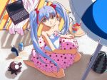  casual_one-piece_swimsuit computer food fruit hoshino_ruri innertube jpeg_artifacts kidou_senkan_nadesico laptop lotion martian_successor_nadesico octopus one-piece_swimsuit polka_dot sand suntan_lotion swimsuit twintails umbrella wallpaper watermelon 