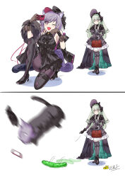  2girls animal_ears arknights bang_dream! bang_dream!_it&#039;s_mygo!!!!! black_bonnet black_dress black_hair black_hat black_pantyhose bonnet cat_ears cat_girl cat_tail chibi commentary_request cucumber doll_joints dress feral_instincts garter_straps green_hair hat highres joints juliet_sleeves long_hair long_sleeves medium_hair multiple_girls pantyhose puffy_sleeves purple_hair rabbit_ears rabbit_girl selfie sidelocks tail thighhighs_under_pantyhose tu_zaizi wakaba_mutsumi wakaba_mutsumi_(marionette&#039;s_id) yellow_eyes yuutenji_nyamu yuutenji_nyamu_(magician_of_passion) 