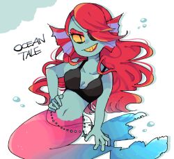  1girl 2019 2d alternate_form anthro bikini black_bikini black_eyepatch blue_skin colored_sclera colored_skin digital_media ear_fins eyepatch female female_only fins fish fish_girl futakun_(tahuta112) head_fins jewelry long_hair mermaid monster monster_girl red_hair sharp_teeth simple_background slit_pupils solo teeth undertale undyne utdr_(toby_fox) white_background yellow_sclera yellow_teeth 