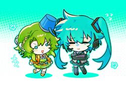  +++ 1boy 1girl :d ^_^ absurdly_long_hair ankle_socks aqua_eyes aqua_flower aqua_hair aqua_necktie aqua_outline aqua_trim bare_shoulders black_boots black_skirt black_sleeves boots bucket bucket_hat chibi chibi_only chinese_commentary closed_eyes closed_mouth collared_shirt commentary_request cosplay crossed_arms detached_collar detached_sleeves dot_nose double-parted_bangs dress flower flying_sweatdrops frilled_shirt frilled_shirt_collar frills full_body genderswap genderswap_(mtf) gongs0313 gradient_background green_background green_dress green_hair grey_shirt gumi gumi_(ai_megpoid) gumi_(cosplay) hair_between_eyes hair_ornament hat hatsune_miku hatsune_miku_(cosplay) headphones hiyori_sou jacket kimi_ga_shine kizuchi_kanna long_hair long_sleeves looking_at_another medium_hair miniskirt necktie open_clothes open_jacket orange_jacket orange_shoes outline pale_skin petticoat pleated_skirt shirt shoes simple_background skirt sleeveless sleeveless_shirt smile socks solid_circle_eyes standing standing_on_one_leg tearing_up thigh_boots trembling turn_pale twintails two-tone_background v-shaped_eyebrows very_long_hair vocaloid white_background white_socks zettai_ryouiki 