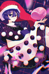  1girl black_capelet black_dress blob blue_eyes blush book capelet closed_mouth commentary_request doremy_sweet dream_soul dress hair_between_eyes hat highres holding holding_book katsuragi_atori looking_at_viewer multicolored_dress nightcap pom_pom_(clothes) purple_hair red_hat short_hair solo tail tapir_tail touhou twitter_username two-tone_dress violet_eyes white_dress 