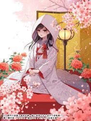  1girl branch brown_eyes brown_hair closed_mouth commentary_request copyright_request flower hands_on_lap highres hood hood_down japanese_clothes kimono long_hair looking_at_viewer nekozuki_yuki official_art own_hands_together petals pink_flower red_flower red_lips shiromuku sitting solo uchikake white_kimono 