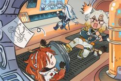  1boy 2girls animal_ears black_gloves black_sleeves blonde_hair blue_hair genshin_impact gloves gradient_hair green_eyes highres jaguar_ears jaguar_tail long_hair mavuika_(genshin_impact) melusine_(genshin_impact) multicolored_hair multiple_girls neuvillette_(genshin_impact) official_art one_eye_closed open_mouth orange_hair pants spacesuit tail white_hair white_pants xilonen_(genshin_impact) xinzoruo 