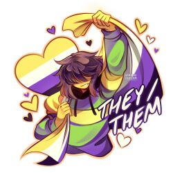  1other :d absurdres arm_up black_hood brown_hair clenched_hand colored_skin commentary covered_eyes cropped_torso deltarune drawstring english_commentary facing_viewer flag green_hoodie grin hair_over_eyes heart highres holding holding_flag hood hood_down hoodie kris_(deltarune) long_sleeves medium_hair nanakaiseedling non-binary_flag other_focus outline outstretched_arm puffy_long_sleeves puffy_sleeves simple_background smile solo striped_clothes striped_hoodie twitter_username two-tone_hoodie utdr_(toby_fox) white_background yellow_hoodie yellow_outline yellow_skin 
