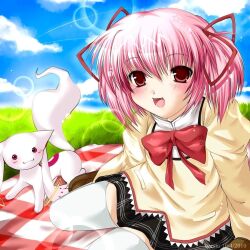  1girl 1other 2000s_(style) animal animal_ears black_skirt blanket blue_sky blush brown_shoes canihavepromo cat_ears checkered checkered_clothes checkered_skirt cloud clouds creature dated day english_text fang female grass hair_ribbons kaname_madoka kyubey lens_flare lens_flare_abuse long_sleeves mahou_shoujo_madoka_magica open_mouth pale_skin pink_hair red_eyes red_ribbon ribbon shirt shoes short_hair skirt sky socks star_(symbol) tail text thigh-highs thighhighs twintails white_fur white_socks white_tail white_thighhighs yellow_shirt yellow_sleeves 