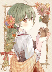  1girl ahoge animal argyle_background autumn blush bow braid breasts brown_background brown_eyes brown_vest closed_mouth commentary_request double-parted_bangs earrings flower flower_braid food-themed_earrings frilled_shirt_collar frills from_side grape_earrings green_hair hair_flower hair_ornament hairclip hands_up highres holding holding_animal jewelry leaf_hair_ornament long_hair long_sleeves looking_at_viewer looking_to_the_side orange_flower orange_scarf original own_hands_together pinecone plaid_clothes plaid_scarf red_bow red_flower red_skirt scarf shirt single_braid skirt small_breasts smile solo squirrel tententuyu upper_body vest white_shirt 
