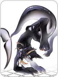  1boy black_hair black_skin cetacean_tail claws colored_skin commentary_request digitigrade ear_piercing fins fish_tail full_body furry furry_male handstand highres kashiwa_gnu long_hair low_ponytail male_focus orange_eyes orange_hair original piercing ponytail slit_pupils solo sweat tail white_background 