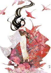  1girl absurdly_long_hair absurdres bird black_hair closed_eyes colored_skin crane_(animal) eyelashes eyeshadow floating_hair floral_print floral_print_kimono flower full_body haori_himo highres hikimayu japanese_clothes kimono long_hair makeup obi original parted_lips print_kimono red_eyeshadow red_skin sash shiguretau simple_background solo very_long_hair white_background white_kimono white_skin wide_sleeves 