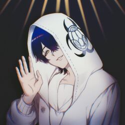  1girl biohazard_symbol black_background black_hair coat commentary hair_between_eyes hand_up highres hood hooded_coat long_sleeves looking_at_viewer rei_shimobe reverse_trap shirt short_hair shuten_order smile solo squinting upper_body waving white_coat white_shirt xx_doomzday_xx yellow_eyes 