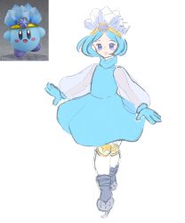  1girl blue_eyes blue_hair blush_stickers copy_ability dress hat highres humanization ice ice_kirby kirby kirby_(series) looking_at_viewer open_mouth papero0920 personification real_life_insert smile 