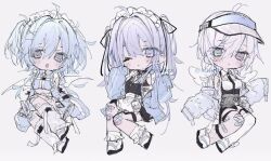  3girls :o ahoge angel_wings apron artist_name artist_request asymmetrical_legwear bandaid bandaid_on_knee bandaid_on_leg bandaid_on_thigh bare_shoulders black_dress black_necktie black_socks blue_eyes blue_hair blue_hat blue_jacket blue_sleeves breasts cartoon_wings chibi closed_mouth collar collared_jacket crossed_bandaids demon_wings detached_collar detached_sleeves dress eyelashes eyes_visible_through_hair fishnet_socks fishnets frilled_apron frilled_socks frilled_suspenders frills grey_background hair_between_eyes hair_ornament hairclip hat heterochromia high_collar jacket leg_warmers light_blush light_frown long_hair long_sleeves looking_at_viewer maid_headdress mismatched_legwear multiple_girls necktie o-ring one_eye_closed open_clothes open_jacket open_mouth original parted_lips pink_hair puffy_long_sleeves puffy_sleeves purple_hair ribbed_thighhighs see-through_clothes see-through_headwear shirt shoes short_hair short_twintails shorts simple_background single_sock single_thighhigh sleeveless sleeveless_dress sleeves_past_fingers sleeves_past_wrists sneakers socks source_request strapless strapless_shirt suspender_shorts suspenders thigh-highs thigh_strap third-party_source twintails violet_eyes visor_cap watermark white_apron white_collar white_leg_warmers white_shoes white_shorts white_socks white_thighhighs white_wings winged_shoes wings x_hair_ornament 