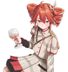  1girl absurdres ahoge alcohol arm_at_side belt black_belt black_sleeve_cuffs blush buttons closed_mouth cup double-breasted drill_hair drinking_glass flat_chest from_above grey_jacket grey_skirt hair_between_eyes hand_up hashtag-only_commentary highres holding holding_cup imfa46 jacket kasane_teto kasane_teto_(sv) layered_skirt layered_sleeves long_sleeves looking_at_viewer musical_staff orange_eyes red_hair red_skirt red_trim shoulder_belt shoulder_boards skirt skirt_set smile solo striped_clothes striped_jacket striped_skirt synthesizer_v twin_drills utau white_background wine wine_glass 