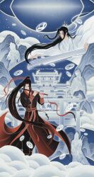  5boys architecture artist_name black_hair black_hanfu blindfold blue_background blue_sky blue_theme chenqing_flute chinese_clothes chinese_text closed_mouth clouds dizi east_asian_architecture falling flute flute_tassel guqin hair_ribbon hanfu headband highres holding holding_flute holding_instrument holding_sword holding_weapon huaepiphany instrument lan_wangji long_hair long_sleeves male_focus modao_zushi mountain multiple_boys music official_art over_shoulder playing_instrument ponytail red_hanfu red_ribbon red_sash ribbon robe sash silhouette sky song_lan standing star_(sky) starry_sky sword sword_on_back sword_over_shoulder tassel topknot transverse_flute wangji_guqin watermark weapon weapon_on_back weapon_over_shoulder wei_wuxian white_hanfu white_headband white_ribbon wide_sleeves xiao_guan_(headdress) xiao_xingchen xue_yang 