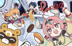  +_+ 3girls animal_ears aqua_eyes aqua_hair blonde_hair blue_hair blush cow_ears cow_girl cow_horns escoffier_(genshin_impact) food genshin_impact guoba_(genshin_impact) highres horns long_hair long_sleeves medium_hair multicolored_hair multiple_girls official_art open_mouth pink_hair varesa_(genshin_impact) violet_eyes xiangling_(genshin_impact) xinzoruo yellow_eyes 