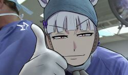  1boy 1girl 1other animal_ears blunt_bangs closed_mouth elbow_gloves gloves gold_ship_(umamusume) grey_hair highres horse_ears horse_girl hospital johnholl0w long_hair looking_at_viewer mask mask_pull medical_scrubs meme mouth_mask mr._bean_(series) parody solo_focus surgical_gloves surgical_mask thumbs_up umamusume violet_eyes 