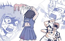  1boy 1girl arm_tattoo black_hair black_sailor_collar black_serafuku black_shirt black_skirt chest_tattoo commentary crossover english_commentary extra_arms extra_eyes highres holding holding_lead_pipe jujutsu_kaisen lead_pipe open_mouth pink_hair pleated_skirt ryoumen_sukuna_(jujutsu_kaisen) sailor_collar school_uniform serafuku sgttea shimizu_hinako shirt silent_hill_(series) silent_hill_f skirt swinging_weapon tattoo torn_clothes torn_shirt 