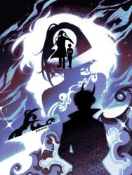  1boy 1girl 3others black_cloak book cloak color_contrast demon_horns evie_(baoxiao) faceless glowing han_sooyoung hand_in_pocket hands_in_pockets head_tilt highres holding holding_book hood hood_up horns kim_dokja messy_hair multiple_others oldest_dream omniscient_reader&#039;s_viewpoint open_book outstretched_arm secretive_plotter short_hair silhouette sparkle standing sun_behind_head superimposition two-tone_cloak white_cloak white_hair yoo_joonghyuk 