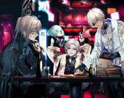  4boys akke_(akke299) animal_head arms_behind_head bar_(place) bead_necklace beads black_gloves black_jacket black_nails black_pants black_shirt black_vest blue_eyes book book_stack bottle brown_hair character_request cigarette coat collared_shirt crossed_legs cup dark-skinned_male dark_skin drinking_glass ear_piercing earrings eyepatch eyewear_strap fur_shawl glint gloves green_eyes hair_between_eyes hand_on_own_chin highres holding holding_book holding_plate ibrahim_(nijisanji) indoors jacket jacket_on_shoulders jewelry kanae_(nijisanji) kuzuha_(nijisanji) long_hair long_sleeves looking_at_viewer male_focus mole multiple_boys nail_polish necklace neon_lights nijisanji one_eye_covered open_book open_clothes open_coat open_jacket open_mouth pale_skin pants piercing plate pointing ponytail red_eyes ring round_eyewear shawl shirt short_hair sitting smile smoking standing sunglasses table tinted_eyewear turtleneck vest virtual_youtuber white_coat white_hair white_jacket white_shirt wine_bottle wine_glass 