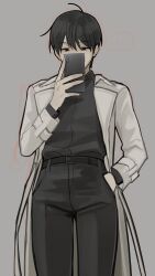  ... 1boy black_eyes black_hair black_shirt borrowed_clothes coat covering_own_mouth facing_viewer hand_in_pocket highres holding holding_phone kim_dokja male_focus mirror_selfie omniscient_reader&#039;s_viewpoint open_clothes open_coat phone popped_collar selfie shirt short_hair solo spoken_ellipsis taotaille white_coat 