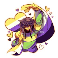  1other :d absurdres arm_up black_hood brown_hair clenched_hand colored_skin commentary covered_eyes cropped_torso deltarune drawstring english_commentary facing_viewer flag green_hoodie grin hair_over_eyes heart highres holding holding_flag hood hood_down hoodie kris_(deltarune) long_sleeves medium_hair nanakaiseedling non-binary_flag other_focus outline outstretched_arm puffy_long_sleeves puffy_sleeves simple_background smile solo striped_clothes striped_hoodie textless_version twitter_username two-tone_hoodie utdr_(toby_fox) white_background yellow_hoodie yellow_outline yellow_skin 