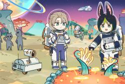  1girl 2boys albedo_(genshin_impact) animal_ear_fluff animal_ears aqua_eyes black_hair blonde_hair fox_ears genshin_impact green_hair hair_between_eyes highres long_sleeves multicolored_hair multiple_boys nahida_(genshin_impact) official_art open_mouth short_hair spacesuit streaked_hair tighnari_(genshin_impact) white_hair xinzoruo 