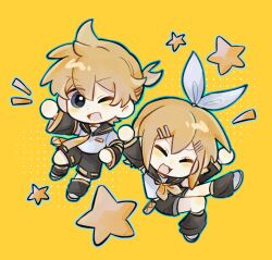 1boy 1girl :3 :d ;d \o/ ^_^ arms_up bare_shoulders black_sailor_collar black_shorts black_sleeves black_socks blue_eyes blue_outline blush bow brother_and_sister chibi chibi_only chinese_commentary closed_eyes commentary_request detached_sleeves dot_nose double-parted_bangs gongs0313 hair_behind_ear hair_between_eyes hair_bow hair_ornament halftone halftone_background hand_on_own_hip invisible_chair kagamine_len kagamine_rin kneehighs leg_up looking_at_viewer loose_socks neckerchief necktie no_fingers notice_lines one_eye_closed open_mouth outline outstretched_arms pale_skin ponytail sailor_collar shirt shoes short_hair short_ponytail short_sleeves shorts siblings sidelocks simple_background sitting sleeveless sleeveless_shirt smile socks standing standing_on_one_leg star_(symbol) star_symbol_background tongue twins v-shaped_eyebrows vocaloid white_bow white_shirt white_shoes yellow_background yellow_neckerchief yellow_necktie yellow_trim 