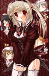 2000s_(style) 5girls anger_vein beads black_hair blank_eyes blonde_hair blush breasts brown_hair bubble buttons canihavepromo checkered checkered_bow checkered_hairband checkered_ribbon chibi closed_eyes clover clover_hair_ornament cross dizzy dress english_text frilled_hairband frills garter_straps gothic grey_hair hair_beads hair_ornament hairband hat long_hair long_sleeves looking_at_viewer medium_hair moe open_mouth orange_hair original pale_skin patterned_background ponytail red_background red_bow red_eyes red_ribbon red_shirt red_sleeves ribbon short_hair sleeves_past_wrists snoring text thigh-highs thighhighs thighs white_dress white_garter_straps white_hat white_ribbon white_thighhighs yawning zzz