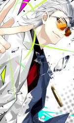  coin gold_coin hair_slicked_back highres kurosakiinu mullet necktie red_necktie smug snapping_fingers suit tinted_eyewear to_be_hero to_be_hero_x vest white_suit white_vest x_(symbol) x_(to_be_hero_x) x_ornament yellow-tinted_eyewear 
