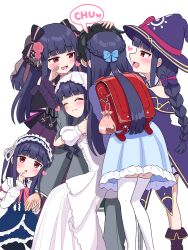  1boy 5girls ^_^ absurdres backpack bag black_bow blue_bow blue_dress blue_hair blunt_bangs blush bow braid clone closed_eyes commentary_request dress flower girl_sandwich grey_suit hair_bow hair_flower hair_ornament half_up_braid harem hat heart hetero highres holding_hands hug idolmaster idolmaster_cinderella_girls implied_kiss jirai_kei lolita_fashion multiple_girls multiple_persona nagi_kai randoseru red_bag red_eyes sajo_yukimi sandwiched smile suit surrounded thigh-highs wedding_dress whispering whispering_in_ear white_dress white_thighhighs witch_hat 
