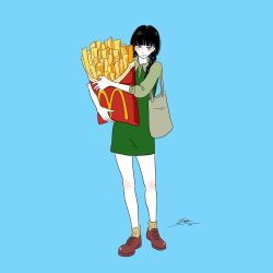  1girl ankle_socks artist_name bag bare_legs black_eyes black_hair blue_background blunt_bangs blush braid bright_pupils brown_shoes closed_mouth collared_dress commentary_request dress fast_food food french_fries full_body green_dress grey_bag hair_over_shoulder highres holding holding_food hugging_object lisa_(illustsan430) logo long_hair looking_at_viewer low_twin_braids mcdonald&#039;s original oversized_food oversized_object shoes short_dress shoulder_bag signature simple_background smirk socks solo standing three-quarter_sleeves tote_bag twin_braids white_pupils yellow_socks 