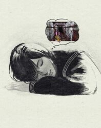  1girl absurdres animal_ears black_hair black_sailor_collar black_shirt closed_eyes closed_mouth fake_animal_ears head_on_arm highres image_in_thought_bubble rabbit_ears sailor_collar school_uniform shimizu_hinako shirt short_hair silent_hill_(series) silent_hill_f simple_background sketch sleeping solo spongebob_squarepants upper_body zyon_xig 