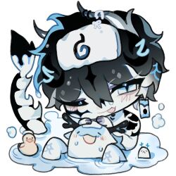  1boy animal_ears black_hair blue_eyes chibi chibi_only dilnyan03 dragon dragon_boy dragon_horns dragon_tail eastern_dragon eastern_dragon_horns eastern_dragon_tail english_commentary fang full_body horns knees_up looking_at_viewer male_focus monster_boy multiple_horns one_eye_closed original partially_submerged rubber_duck short_hair simple_background sitting skin_fang slit_pupils solo tail water white_background 