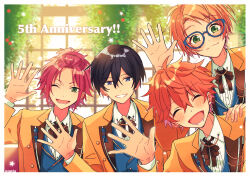  4boys akehoshi_subaru anniversary arm_up bangs_pinned_back black_hair blonde_hair blue-framed_eyewear blue_eyes border brown_jacket closed_eyes closed_mouth ensemble_stars! glasses green_eyes hair_between_eyes hidaka_hokuto highres isara_mao jacket looking_at_viewer lower_teeth_only male_focus multiple_boys official_alternate_costume one_eye_closed open_clothes open_jacket open_mouth orange_hair red_hair short_hair smile teeth trickstar_(ensemble_stars!) upper_body waving white_border window yuuki_makoto_(ensemble_stars!) zu_tonatuyasumi 