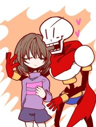  0siriusu 1boy 1other 2d ambiguous_gender armor blue_shorts brown_hair cape child cowboy_shot digital_media double_horizontal_stripe duo eyelashes frisk_(undertale) gloves heart height_difference horizontal-striped_clothes human humanoid male monster monster_boy open_mouth orange_background papyrus_(undertale) pink_stripes purple_shirt purple_shorts red_cape red_gloves shirt short_hair shorts simple_background skeleton striped_clothes striped_shirt teeth two-tone_background two-tone_shirt undead undertale utdr_(toby_fox) white_armor white_background |_| 