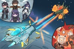  2boys 2girls black_hair brown_hair clorinde_(genshin_impact) genshin_impact goggles grey_hair highres long_hair long_sleeves multicolored_hair multiple_boys multiple_girls official_art purple_hair raiden_shogun space spacecraft spacesuit streaked_hair violet_eyes wriothesley_(genshin_impact) xinzoruo zhongli_(genshin_impact) 