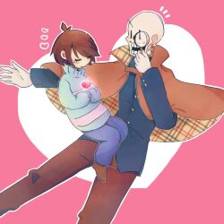 1boy 1other 2018 2d ambiguous_gender black_shirt blue_pants blue_sweater brown_hair brown_pants brown_shoes child digital_media double_horizontal_stripe duo frisk_(undertale) gloves heart heart_background height_difference her_bst holding holding_magnifying_glass horizontal-striped_clothes human humanoid magnifying_glass male monster monster_boy open_mouth orange_poncho outline pants papyrus_(undertale) poncho red_background shirt shoes short_hair simple_background skeleton striped_clothes striped_sweater sweater teeth two-tone_background two-tone_sweater undead undertale utdr_(toby_fox) white_background white_gloves white_outline |_| 