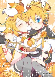  1boy 1girl 59_(seventhstar) bass_clef birthday_cake black_choker black_gloves blonde_hair blue_eyes bow cake choker closed_eyes commentary_request crop_top crown eating food frills fruit gloves hair_bow hair_ornament hairpin half_gloves highres kagamine_len kagamine_rin light_blush looking_at_object medium_hair midriff multiple_hairpins navel one_eye_closed ponytail shirt short_ponytail strawberry strawberry_slice thigh-highs treble_clef vocaloid white_shirt 