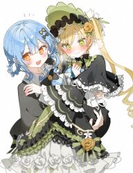  black_capelet black_flower black_rose blonde_hair blue_hair blue_necktie bonnet braid braided_hair_rings capelet carrying carrying_person chibirisu closed_mouth dress embarrassed flower flower-trimmed_dress frilled_bonnet frilled_dress frills green_eyes hair_rings highres lolita_fashion long_hair magical_girl mahou_shoujo_no_majo_saiban necktie open_mouth orange_eyes rose short_hair simple_background smile tachibana_sherry too_many too_many_frills toono_hanna twintails very_long_hair white_background white_flower white_rose yellow_flower yellow_rose yuri 