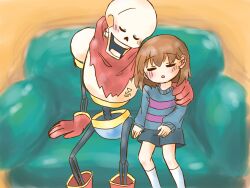  1boy 1other 2019 2d ambiguous_gender armor blue_shirt blue_shorts boots brown_hair cape child closed_eyes couch digital_media double_horizontal_stripe duo frisk_(undertale) gloves hand_on_another&#039;s_shoulder height_difference highres horizontal-striped_clothes human humanoid male monster monster_boy on_couch orange_background orange_cape orange_gloves papyrus_(undertale) pink_stripes red_boots shirt short_hair shorts simple_background sitting skeleton socks striped_clothes striped_shirt teeth two-tone_shirt undead undertale utdr_(toby_fox) white_armor white_socks yumeyumenoyume 