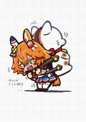  1girl animal_ears backpack bag blue_sailor_collar blue_skirt blush chibi daruma_doll ear_covers hair_between_eyes hair_ornament highres horse_ears horse_girl horse_tail maneki-neko matikanefukukitaru_(rising_fortune)_(umamusume) matikanefukukitaru_(umamusume) neckerchief open_mouth orange_hair orange_tail red_neckerchief sailor_collar shirt short_hair single_ear_cover skirt solo sweat tail takuan_(taku1219oekaki) teeth thigh-highs umamusume upper_teeth_only white_shirt white_thighhighs 