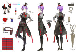  1boy absurdres ascot belt belt_pouch black_gloves black_hat black_pants black_tailcoat blue_hair brown_belt card closed_mouth collared_shirt dress_shirt formal_clothes full_body gloves grey_shirt half_gloves hat highres kamishiro_rui korean_commentary looking_at_viewer male_focus mini_hat mini_top_hat mojajangsu_(project_sekai) multicolored_hair multiple_views pants pin pincushion playing_card playing_card_hat_ornament pouch project_sekai purple_hair red_ascot reference_sheet shirt short_hair_with_long_locks smile soyoong_jun spool standing streaked_hair tailcoat top_hat turnaround yellow_eyes 