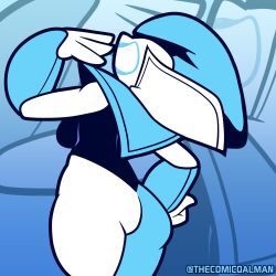  1:1 1girl 2023 2d artist_name back blue_background cowboy_shot deltarune digital_media female female_only gradient_background hand_up highres humanoid humanoid_robot queen_(deltarune) robot robot_girl simple_background solo thecomicoalman two-tone_background utdr_(toby_fox) white_background zoom_layer 