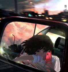  1girl black_hair car cellphone closed_mouth clouds cloudy_sky covering_face flip_phone holding holding_phone lamppost leaning_out_of_window light_smile mirror mirror_selfie motion_blur motor_vehicle orange_clouds original phone power_lines rear-view_mirror reflection reflection_focus road selfie shirt short_hair sky solo sunset timestamp utility_pole utwob0 white_shirt 