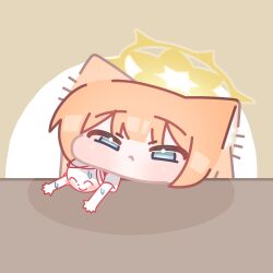  1boy 1girl absurdres animal_ear_fluff animal_ears blue_archive blunt_bangs blush brown_background chibi closed_mouth doodle_sensei_(blue_archive) halo highres horuhara light_frown mari_(blue_archive) mini_person miniboy nervous_sweating no_nose orange_hair role_reversal sensei_(blue_archive) shirt short_sleeves simple_background sweat white_background yellow_halo 