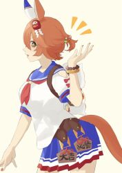  +_+ 1girl animal_ears backpack bag blue_sailor_collar blue_skirt clover_hair_ornament daruma_doll daruma_doll_hair_ornament doll_hair_ornament ear_covers ema four-leaf_clover_hair_ornament from_side good_fortune_symbol hair_between_eyes hair_ornament horse_ears horse_girl horse_tail maneki-neko matikanefukukitaru_(rising_fortune)_(umamusume) matikanefukukitaru_(umamusume) neckerchief open_mouth orange_hair pleated_skirt red_neckerchief sailor_collar sanada_ina shirt short_hair short_sleeves simple_background single_ear_cover skirt smile solo tail umamusume white_shirt 