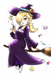  1girl :d blonde_hair blue_eyes brooch broom broom_riding candy dress earrings eyelashes food full_body hair_over_one_eye hat highres holding holding_wand jack-o&#039;-lantern_hat_ornament jewelry long_hair long_sleeves looking_at_viewer mario_kart mario_kart_tour mzg04 official_alternate_costume purple_dress purple_hat rosalina rosalina_(halloween) smile solo star_(symbol) star_bit star_brooch star_earrings super_mario_bros. wand white_background witch_hat 
