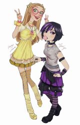  2girls ballet_slippers bead_necklace beads belt big_hero_6 black_boots black_hair black_nails black_shorts blonde_hair blowing_bubble_gum blush boots bow bracelet breasts chain_belt character_name chewing_gum choker cross cross_necklace double_v eyeshadow full_body gem glasses gogo_tomago green_eyes grey_eyes grey_shirt hair_bow hair_ornament hairclip half_updo hand_on_own_hip highres honey_lemon jewelry lace-trimmed_choker lace_trim leg_warmers long_hair makeup medium_breasts multicolored_hair multiple_girls multiple_necklaces multiple_rings nail_polish necklace open_mouth pantyhose parted_bangs pink_gemstone plaid_clothes plaid_skirt pleated_skirt purple_eyeshadow purple_hair purple_skirt ri_ri_ri2 ribbon ring shirt shoes short_hair shorts shorts_under_skirt skirt smile standing streaked_hair striped_clothes striped_pantyhose striped_thighhighs studded_armlet studded_belt studded_bracelet studded_choker thigh-highs torn_clothes torn_sleeves twintails v white_background wrist_ribbon wristband x_hair_ornament yellow_bow yellow_choker yellow_leg_warmers yellow_nails yellow_shirt yellow_shoes yellow_skirt 