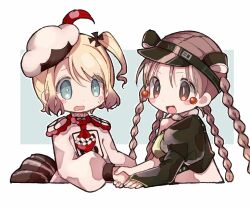  2girls 7753 aqua_eyes blonde_hair blush braid butter_run feathered_hat grey_eyes hair_ornament handshake hat highres holding_hands magical_girl mahou_shoujo_ikusei_keikaku mahou_shoujo_ikusei_keikaku_limited mahou_shoujo_ikusei_keikaku_restart multiple_braids multiple_girls pechika_(mahoiku) short_hair smile 